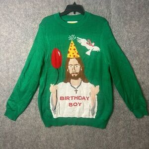 Tipsy Elves Men’s Large Green 'Birthday Boy' JESUS Graphic Crewneck Sweater